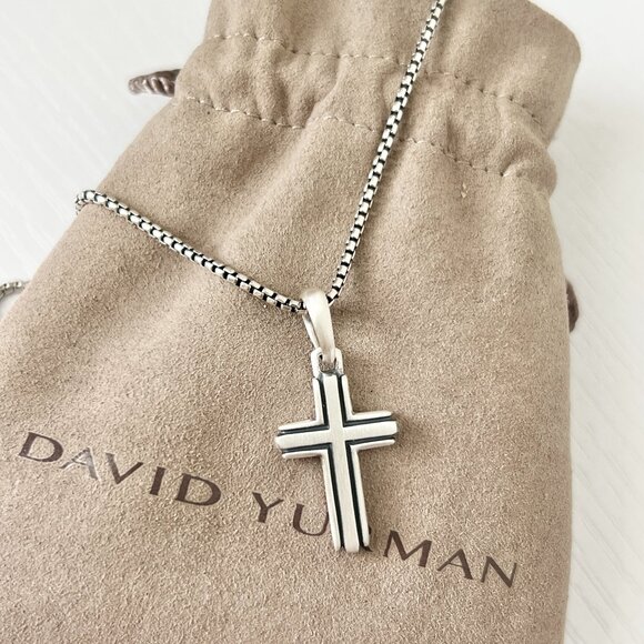 David Yurman Sterling Silver Small Deco Cross Pendant with Box Chain Necklace